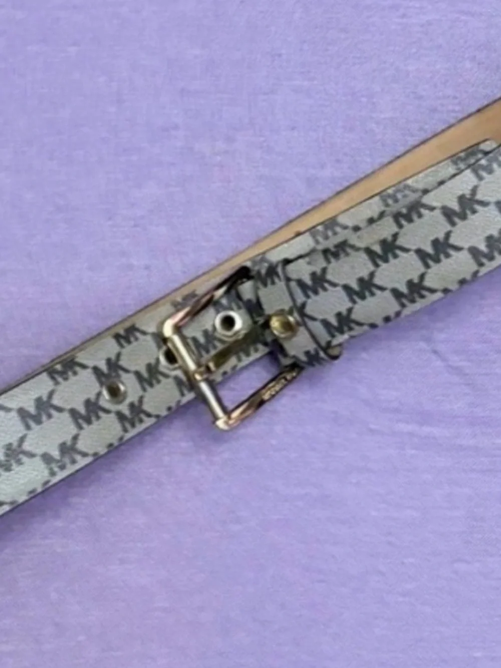 Michael Kors beige and brown MK monogram belt with gold buckle Size Large